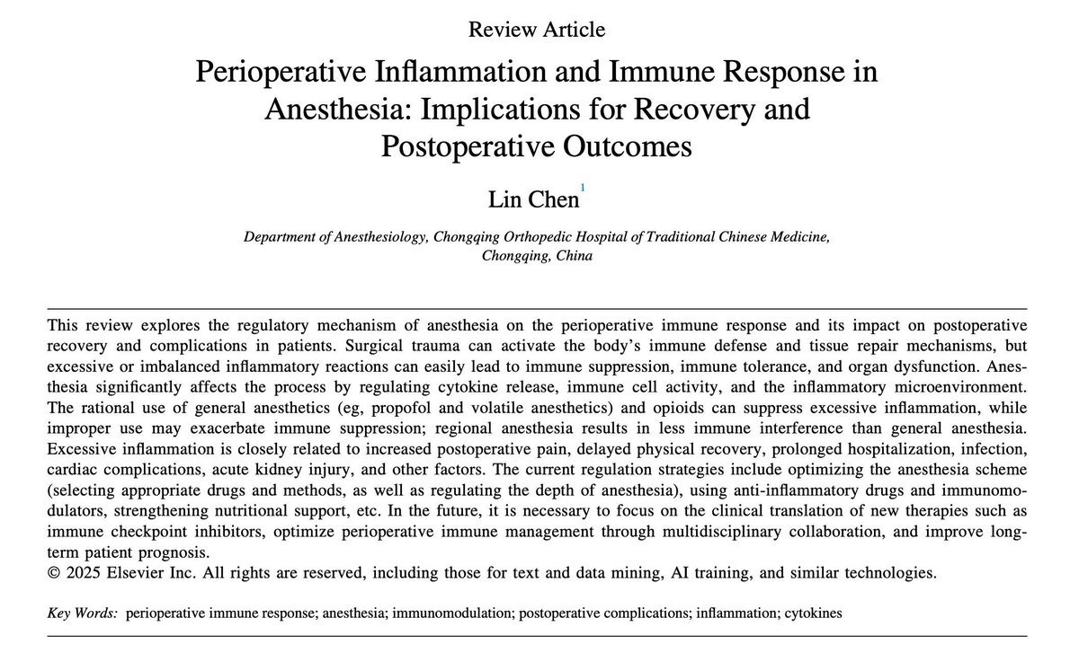 JCVAonline's tweet photo. Perioperative Inflammation and Immune Response in Anesthesia
This JCVA review synthesizes 54 studies on how propofol, volatiles, opioids, and regional anesthesia differentially regulate cytokines, infection risk, and organ outcomes. https://t.co/aksudVu7iy https://t.co/peJ7hxzeFp