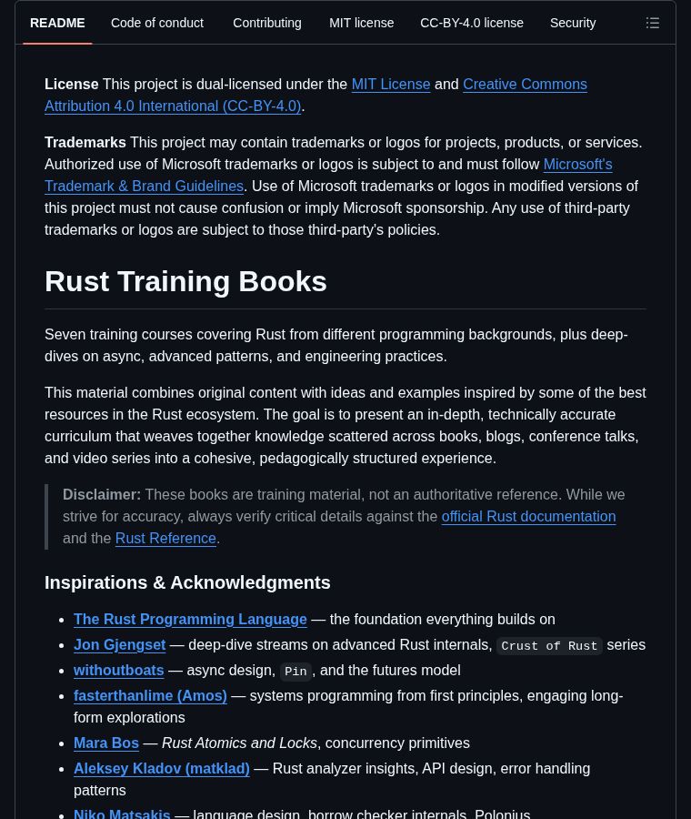 chenzeling4's tweet photo. Microsoft just dropped 7 Rust training courses for free and nobody told you.

RustTraining covers beginner to expert level, with dedicated deep-dives on async patterns and advanced engineering practices. It weaves together knowledge from books, blogs, and conference talks into one structured curriculum. Whether you're coming from C++, Python, or JavaScript — there's a track for you.

⭐ 14.4K #Rust #OpenSource
https://t.co/iNHTP4H2xM
Follow for daily dev finds 🔔