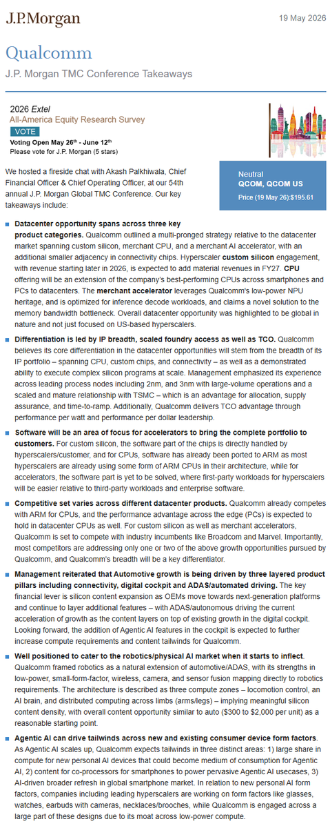 sean_________'s tweet photo. JPM TMT Conf $QCOM: 
"Hyperscaler custom silicon engagement, with revenue starting later in 2026, is expected to add material revenues in FY27."
"For custom silicon as well as merchant accelerators, Qualcomm is set to compete with industry incumbents like $AVGO and $MRVL" https://t.co/RweGsly7Cy
