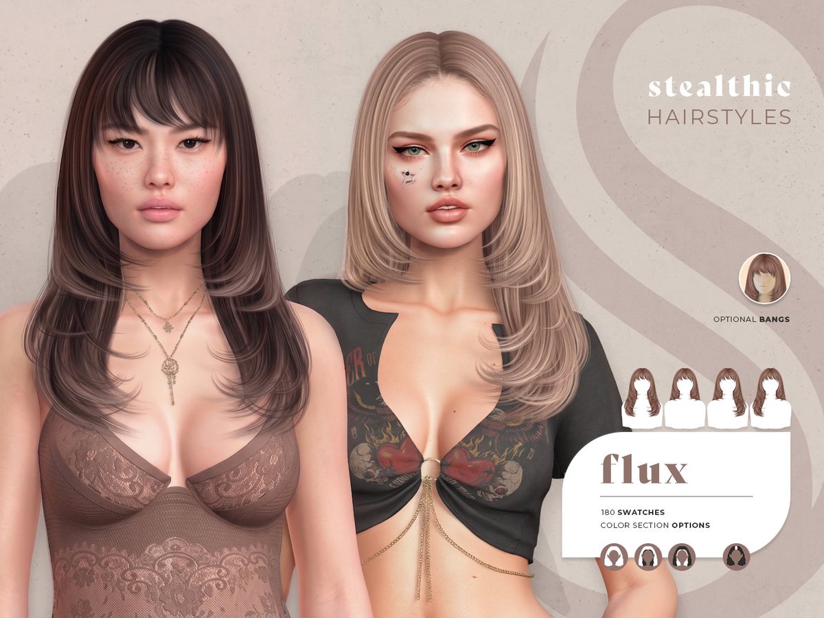 StealthicSL's tweet photo. Stealthic - Flux (Second Life Hair)
 📍 Teleport over to Kustom9: kustom9/149/14/1003

“Flux” is a mid length style with a lovely layered finish  ✨ 
Featuring:

- Optional Bangs

Outfits:  Eleven &amp; Miss Chelsea https://t.co/Mr7KxD582c