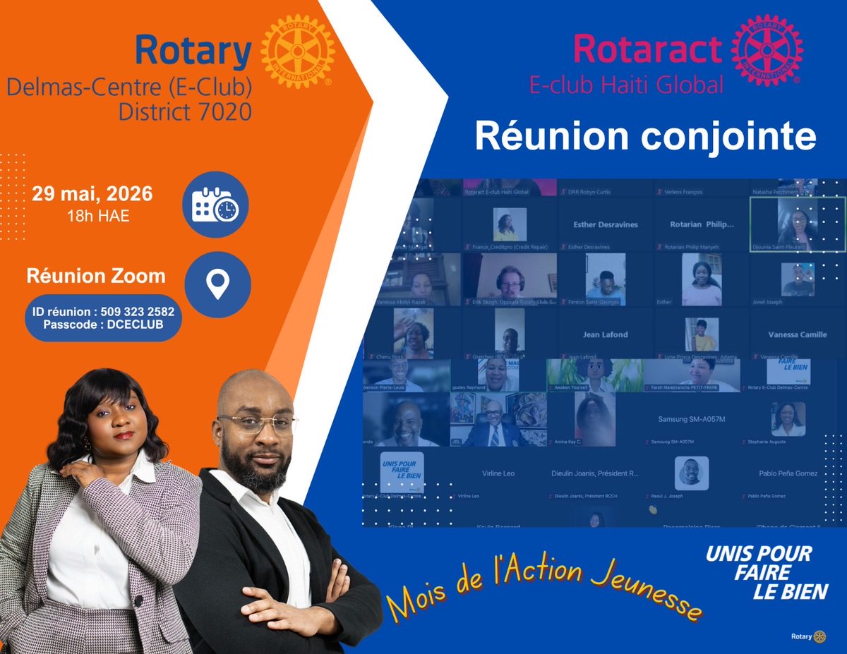 RotaryDelmasC's tweet photo. Soyez des nôtres ce vendredi 29 mai 2026 pour une réunion conjointe spéciale avec le Rotaract E-Club Haïti Global. À l’occasion du Mois de l’Action Jeunesse, nous mettrons en lumière l’engagement, le leadership et le potentiel des jeunes comme moteurs de changement durable. https://t.co/o12WPTMSOy