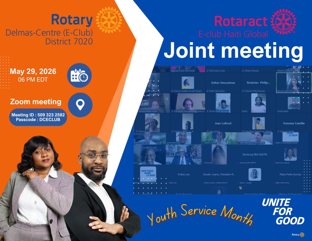 RotaryDelmasC's tweet photo. Soyez des nôtres ce vendredi 29 mai 2026 pour une réunion conjointe spéciale avec le Rotaract E-Club Haïti Global. À l’occasion du Mois de l’Action Jeunesse, nous mettrons en lumière l’engagement, le leadership et le potentiel des jeunes comme moteurs de changement durable. https://t.co/o12WPTMSOy