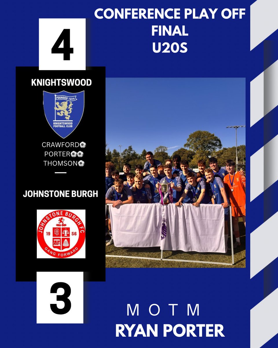 KnightswoodU20s's tweet photo. 🔵⚪️Result⚪️🔵
Knightswood FC are @OfficialWoSFDL Conference Champions 🏆 

We would like to congratulate @BurghU20 on an impressive season &amp; for a great game that went right to the last minute.

Credit to our lads though who were clinical on the day 

Motm @RyanPorter84604 🙌🏻 https://t.co/jJWYCCKgl9