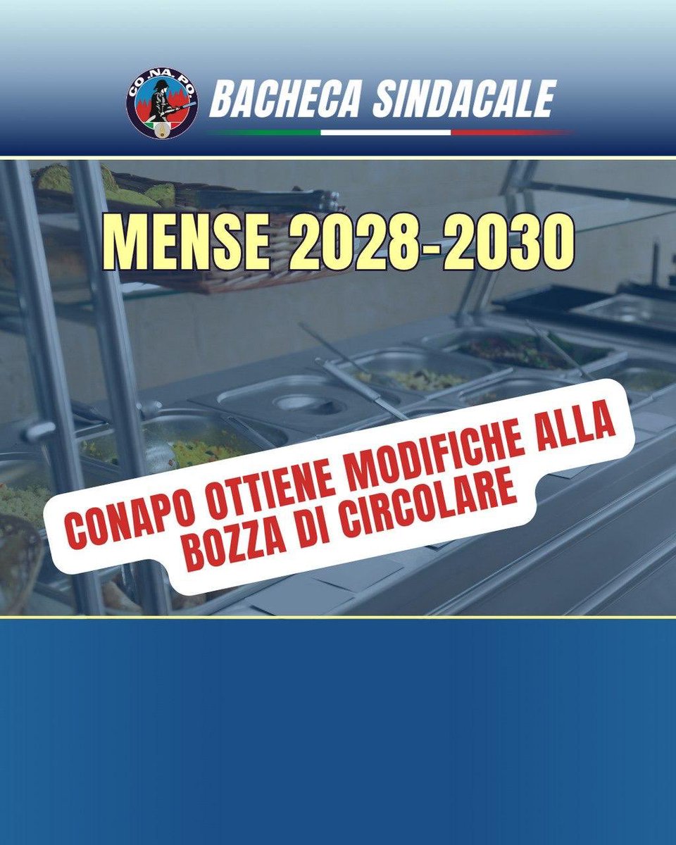 CONAPO_VF's tweet photo. 🍽 Mense 2028-2030, #CONAPO ottiene modifiche alla bozza di circolare

🧐 Leggi il comunicato CONAPO 👉 https://t.co/KpSLoYycqH

#VigilidelFuoco #VVF https://t.co/U0te2K0X3P
