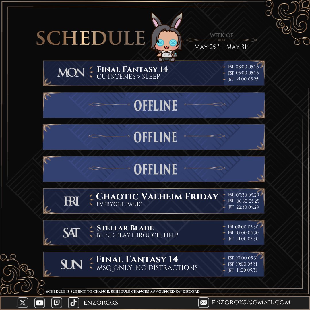 enzoroks's tweet photo. New schedule just dropped 👀 (Monday is already done, duh)

MSQ suffering, blind gaming decisions, and collab chaos this week 😭

Watch me suffer @ https://t.co/9uxvQW2DVr https://t.co/KC4pKtDlr3