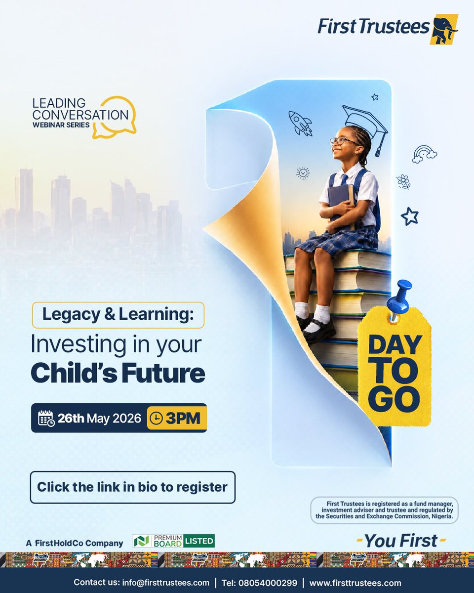 FirstTrustees's tweet photo. We are going LIVE in 24 hours!
Have you saved your seat yet? Click the link in bio if you are yet to register.
First Trustees is registered as a fund manager, investment advisor and trustees and regulated by the Securities and Exchange Commission, Nigeria.
#FirstTrustees #Legacybuilding