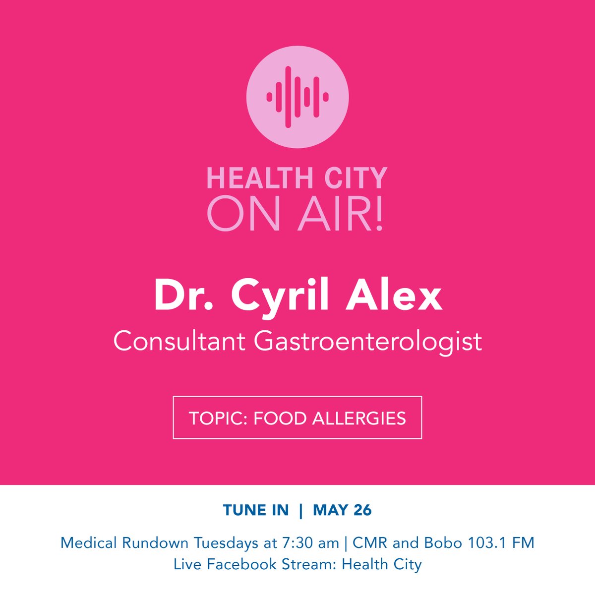 HealthCityCI's tweet photo. Tune in tomorrow, May 26, at 7:30am on CMR and Bobo 103.1 FM as Dr. Cyril Alex, Consultant Gastroenterologist at Health City, discusses food allergies, including common symptoms, treatment and prevention.

We’ll also be streaming live on Facebook, so join us! https://t.co/OXpXZAbq9F