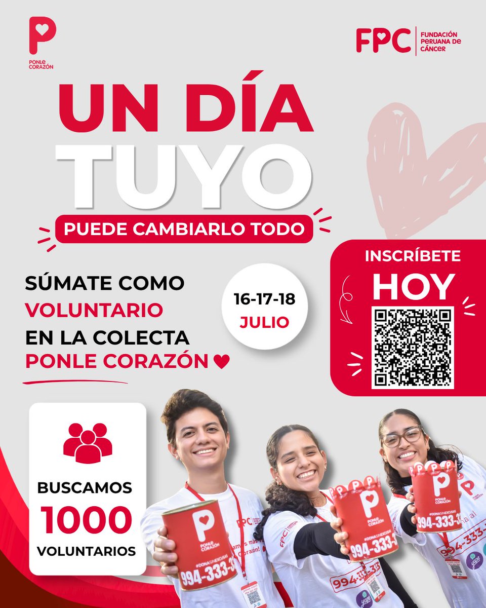 FPCPERU's tweet photo. ❤️🙌Estamos convocando voluntarios para la Colecta Ponle Corazón, una iniciativa que nos permite seguir acompañando a pacientes con cáncer y sus familias.

📅 16, 17 y 18 de julio
 📍 Lima · Arequipa · Cusco · Ica · Trujillo · Chiclayo · Huancayo

#PonleCorazón #Voluntariado https://t.co/mfuYr5IvOw