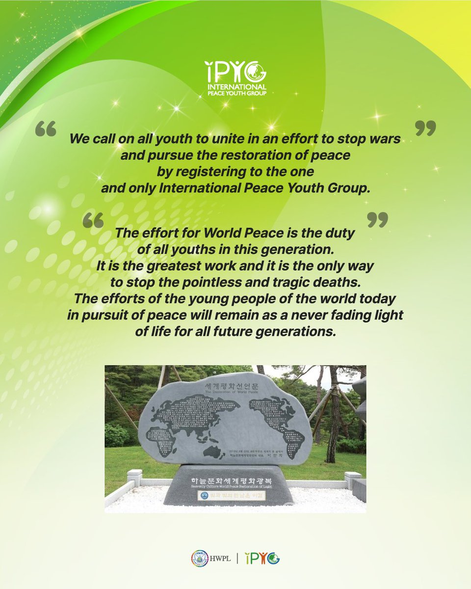 IPYG_AFRICA's tweet photo. From Youth Mobilized for War to Leaders of Peace🕊️

On May 25, 2013, the Declaration of World Peace was proclaimed. Today, that call continues through peace activities in 131 countries, together with over 1,700 organizations working to build peace in their local communities.🌍🤍 https://t.co/u14A038n5m