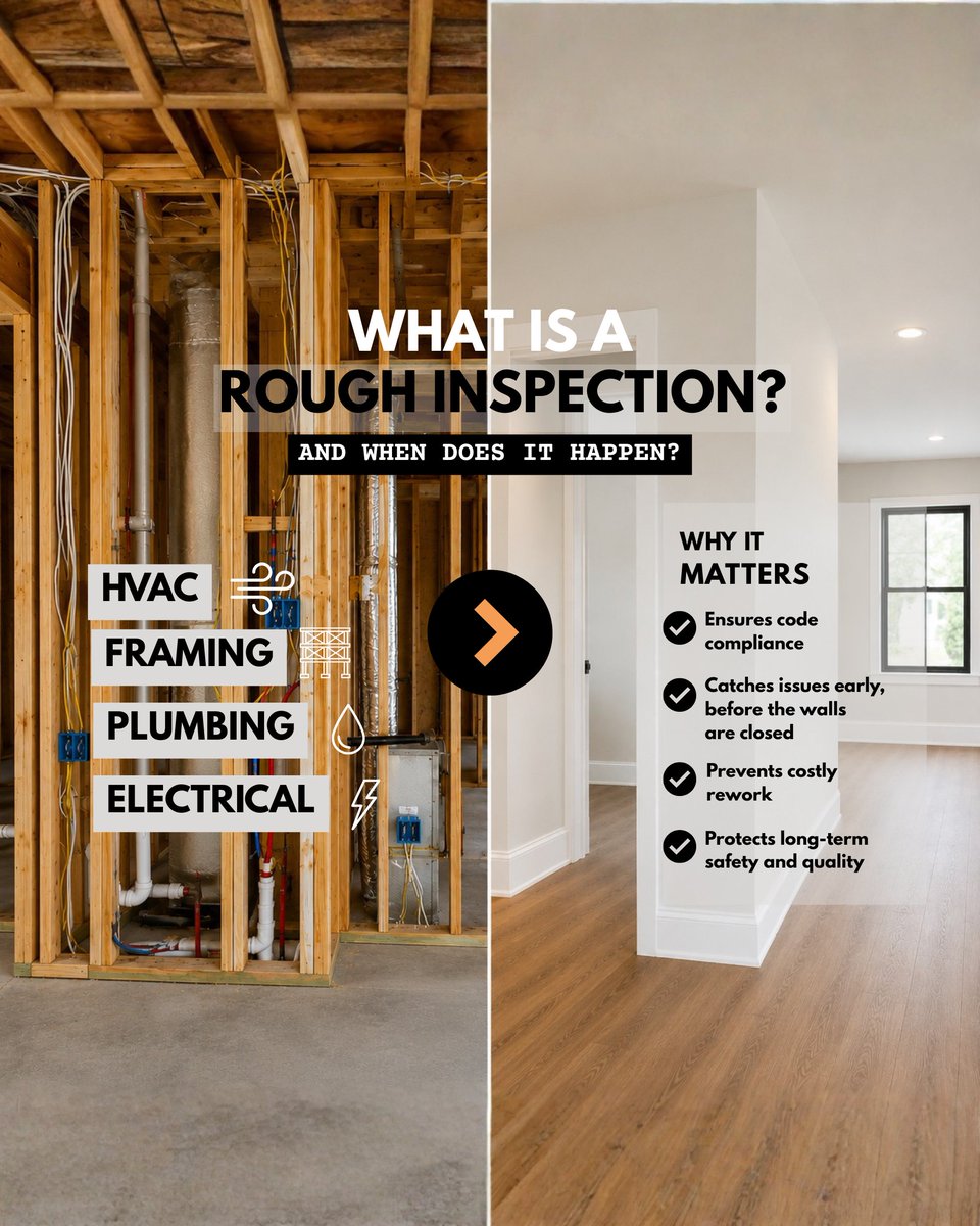 mcphersondevco's tweet photo. What is a rough inspection?
It happens after framing and systems are installed but before drywall.
It ensures everything behind the walls meets code and is built safely.
It’s not just a milestone.
It’s quality control. https://t.co/Fp0PqON2TA