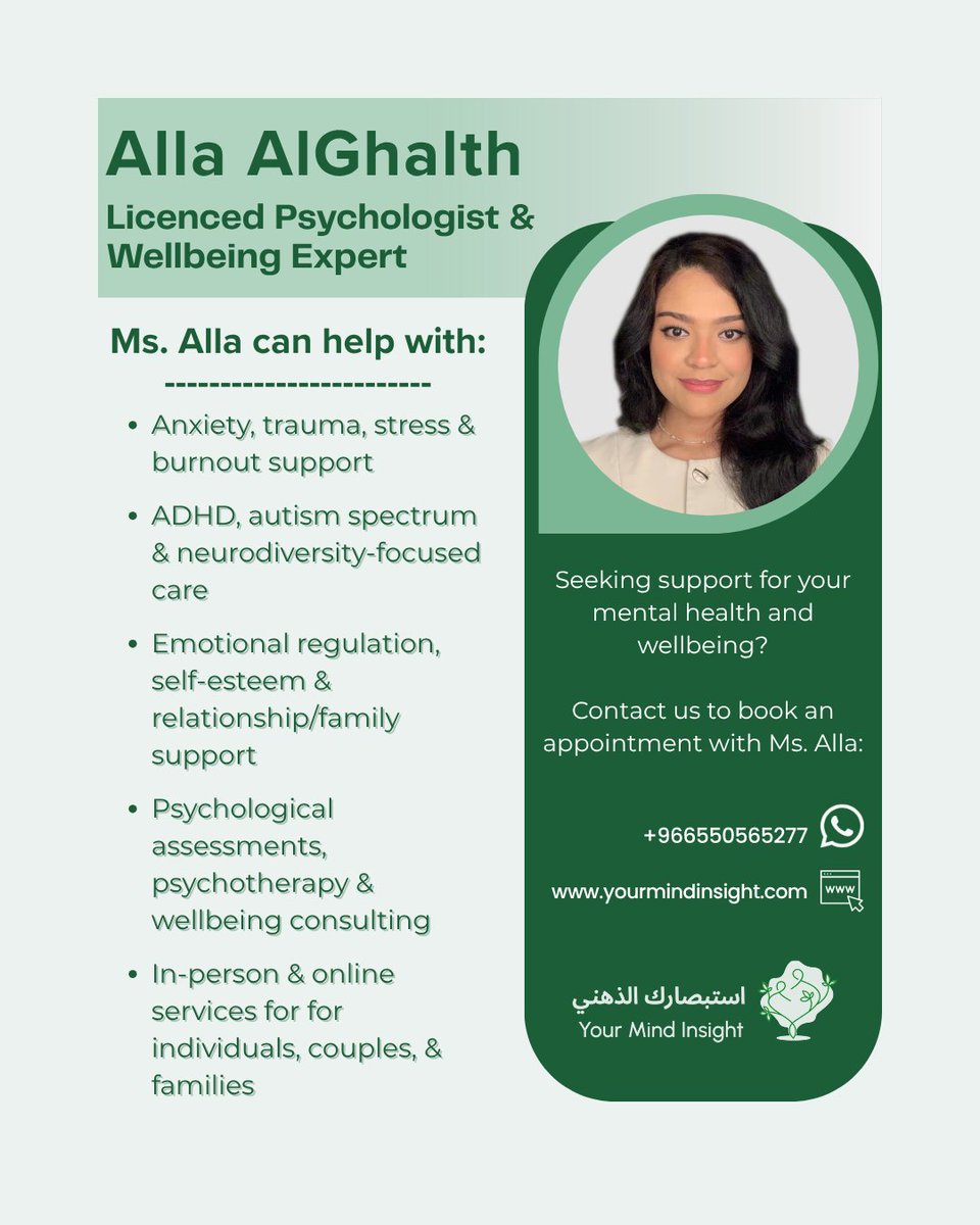 YourMindInsight's tweet photo. Meet the Psychologist :
Alla AlGhalth is a licensed Psychologist based in Riyadh provides evidence-based, specialized care to support individuals &amp; families in building mental resilience &amp; achieving sustainable mental &amp; behavioral health
📞 +966550565277
🌐https://t.co/wpFaRZVnIl https://t.co/sQjQmQymzt