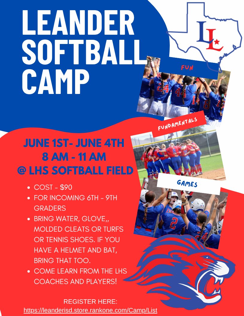 LeanderSoftball's tweet photo. Come learn from the 2026 3rd Place D1-5A Team! It'll be a FUN week! Sign up TODAY! https://t.co/XqxkLYT7r2