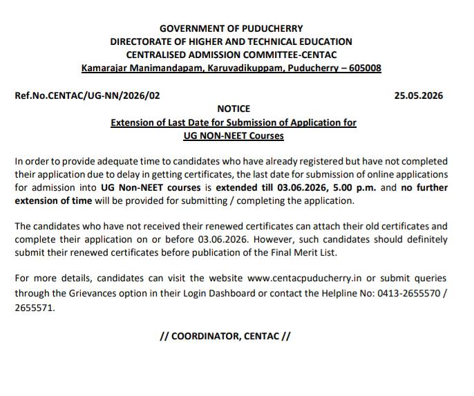 Tr_Gayathri's tweet photo. #CENTAC UG Non-NEET விண்ணப்பப் பதிவுக்கான காலக்கெடு #நீட்டிக்கப்பட்டுள்ளது! விண்ணப்பிக்கத் தவறியவர்கள் வரும் 03.06.2026, மாலை 5 மணிக்குள் விண்ணப்பிக்குமாறு கேட்டுக்கொள்ளப்படுகிறார்கள். இதுவே கடைசி வாய்ப்பு! 📝✅ #ShareMax https://t.co/NjEggv2S2J