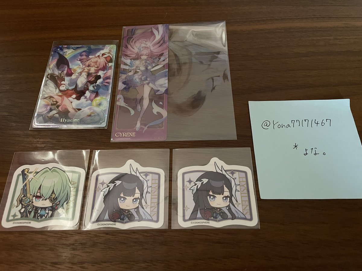 okoegake__47's tweet photo. 【交換】崩壊スターレイル スタレ スシロー コラボ ステッカー カード クリアしおり

譲
カード→ヒアンシー
しおり→キュレネ
ステッカー→アナイクス、セイレンス

求　各1
カード→ファイノン(シクレ)
ステッカー→ファイノン(通常、シクレ)

郵送or横浜周辺手渡し
別ポスト皿を含む場合手渡し優先 https://t.co/rD2RS21Acl