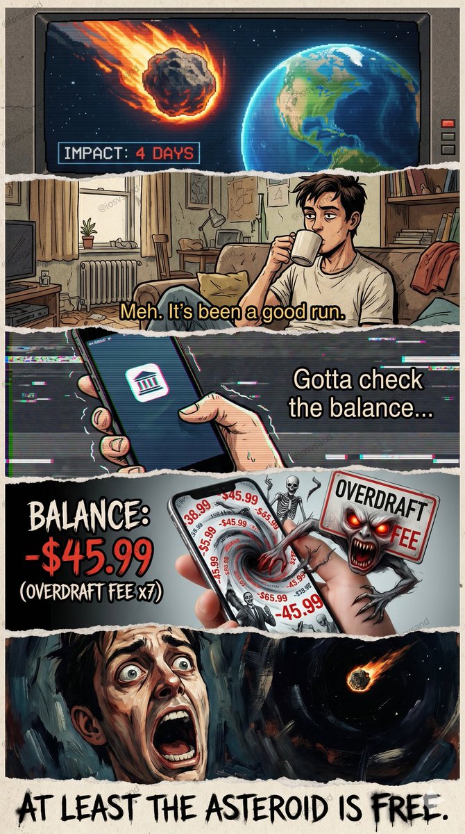 iosvsand's tweet photo. ☄️ Total planetary destruction: "Eh."
💳 The bank seeing you bought a $4 coffee when you have $3.50: 👹
This entire comic is a documentary on financial anxiety.
#overdraft #financialdread #simulationglitch https://t.co/5VB03Mt4J1