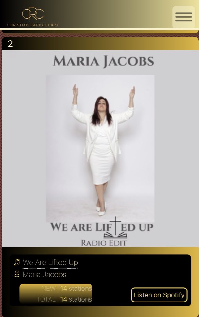 MariaEvaJacobs's tweet photo. So excited that my latest original Christian single “we are lifted up“ debuted number two and the Christian radio charts. Produced by Pete Tokar and available and all Digital streaming platforms. https://t.co/UsS35jrmTx