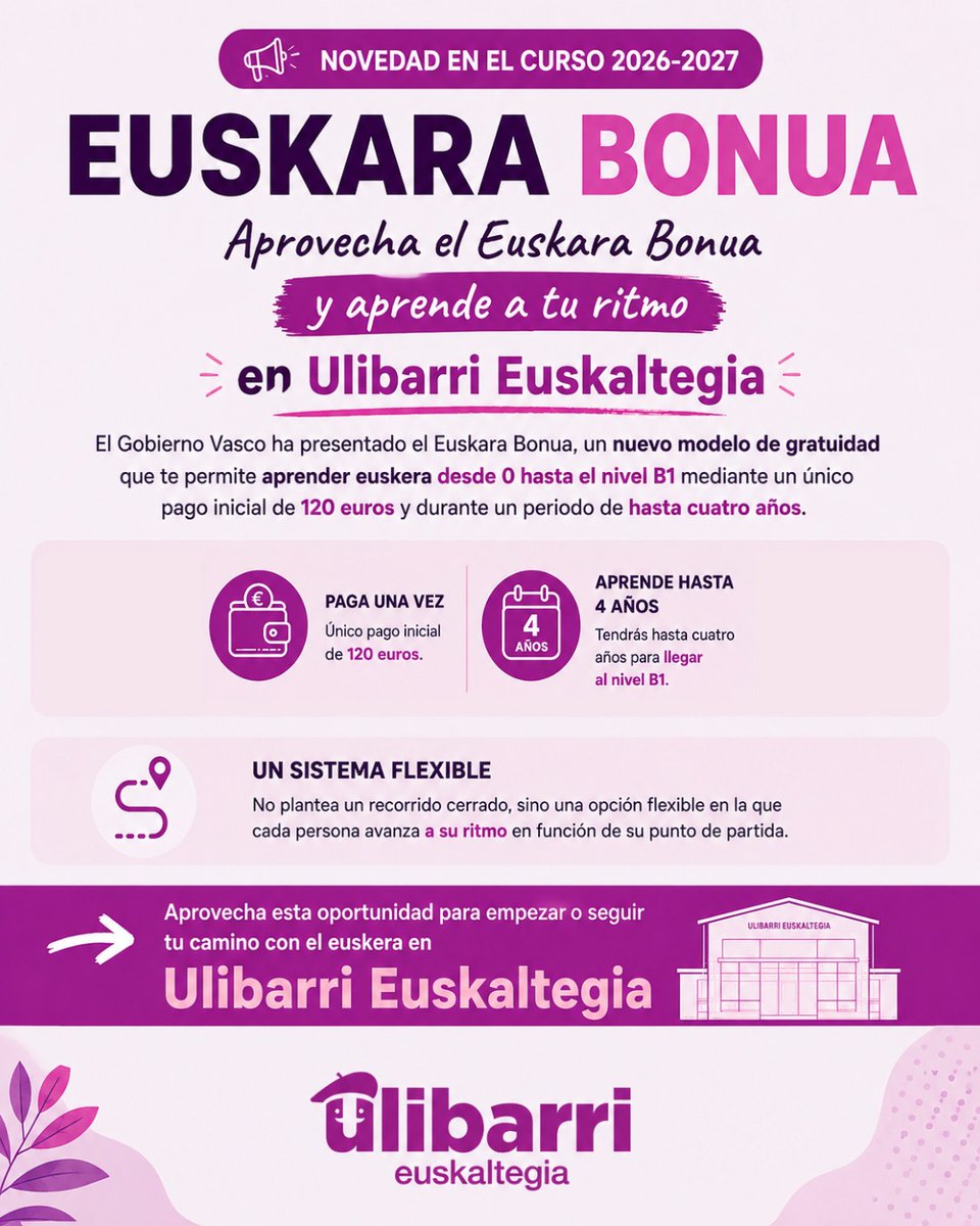 UlibarriEus's tweet photo. 🔴 DIRULAGUNTZA BERRIA❗🔴
2026-2027 ikasturtean berrikuntza dator 😱
#ulibarri #ulibarrieuskaltegia #euskaraikastaroak #euskara #bilbokoeuskaltegia https://t.co/jDC4k0ZpUo