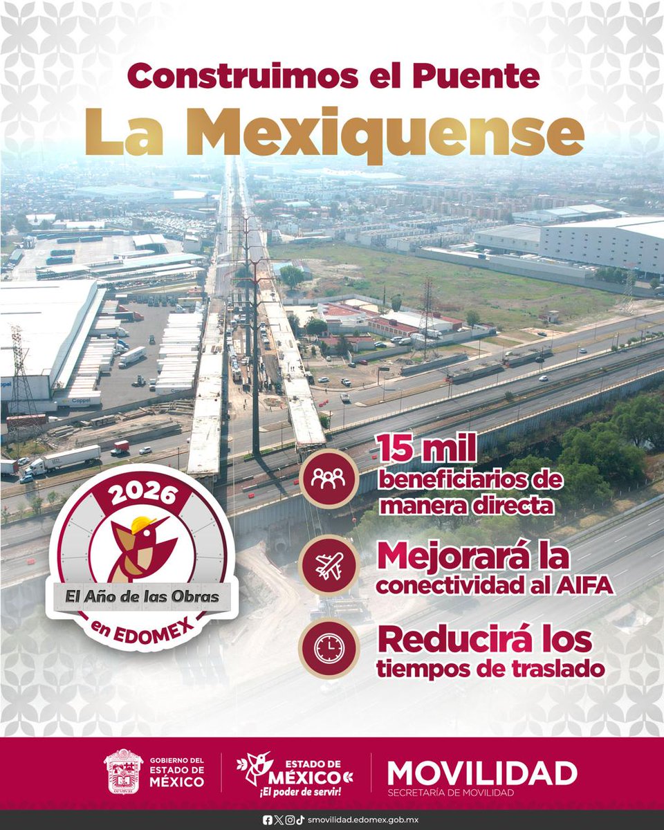 bibcentenario's tweet photo. E Puente La Mexiquense, es una obra que fortalecerá la conexión con el #AIFA, así como entre #Ecatepec y #Tecámac, y reducirá notablemente los tiempos de traslado. 
2026: #AñoDeLasObrasEdoMex
@Delfina Gómez Álvarez
@Secretaría de Movilidad del Estado de México
#ElPoderDeServir https://t.co/2zvOfoP0xU