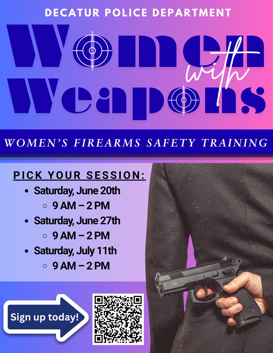DecaturALPD's tweet photo. The Decatur Police Department is proud to host Women with Weapons, a free firearms safety course.

This informative and empowering training is focused on helping women in our community become more comfortable, knowledgeable, and responsible handgun owners. https://t.co/uAtJWpJ8Am