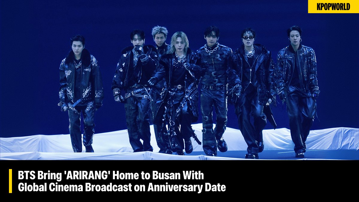 KPOPWORLD's tweet photo. BTS are bringing their 'ARIRANG' world tour home. On 13 June – their debut anniversary – the group will perform at Busan Asiad Main Stadium for the first time since October 2022, when they played what was then their final full-group show before military service. The moment will be broadcast live to cinemas worldwide via Trafalgar Releasing, spanning 34 cities and 85 screenings.
It's a date loaded with symbolism: hometown stadium, debut anniversary, global audience. Cinema tickets go on sale 28 May at https://t.co/XA4EwhlXG7.

Read here: https://t.co/gcSeXgoRbU
@bts_bighit @BTS_twt #BTS #ARMY #ARIRANG
