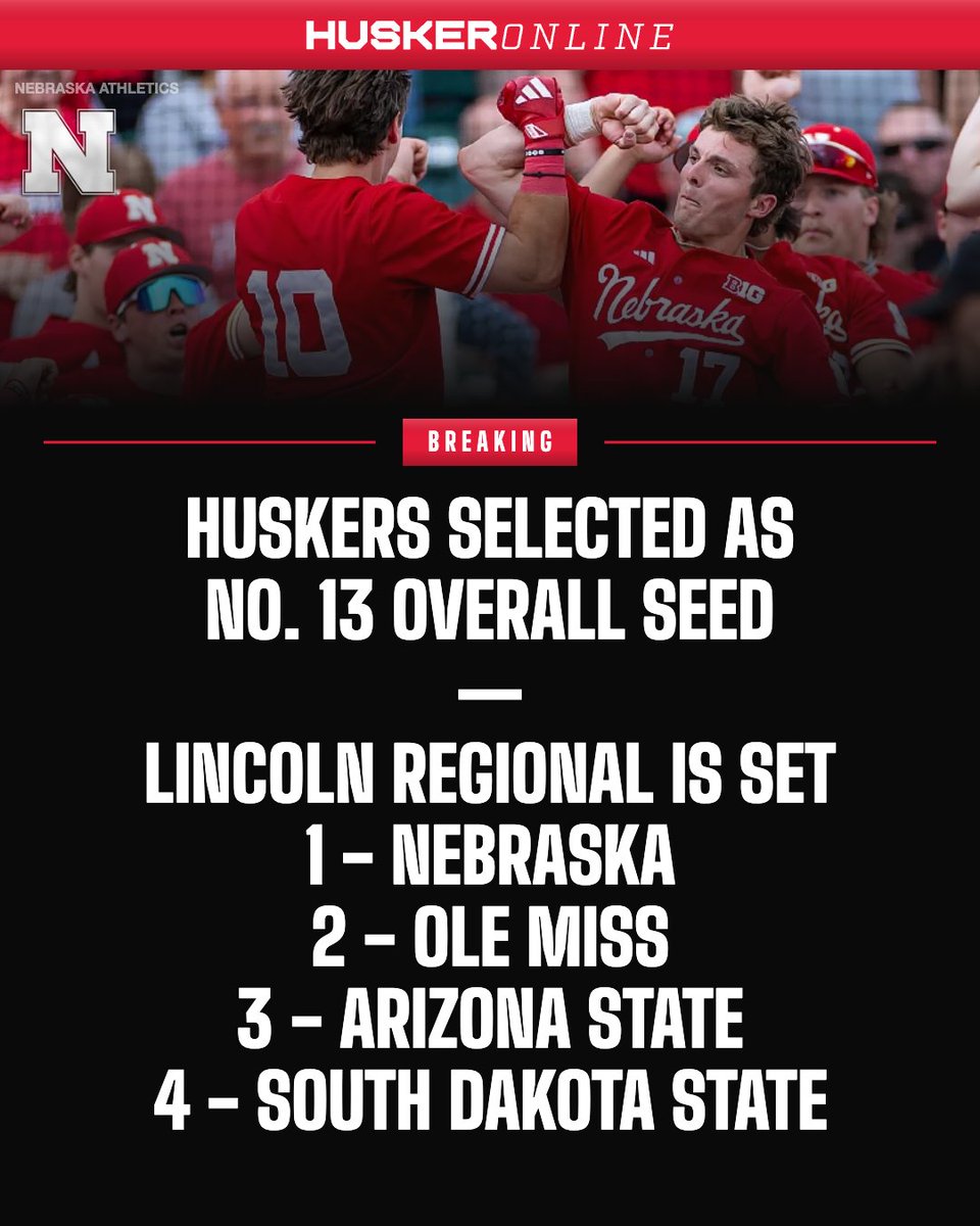 HuskerOnline's tweet photo. 🚨 BREAKING: The Huskers check in as the No. 13-overall seed. ⚾️

Lincoln Regional is SET
1 — Nebraska 🌽
2 — Ole Miss  
3 — Arizona State
4 — South Dakota State 

READ➡️https://t.co/Eofhwj2i5x https://t.co/yJq2b6cB2k