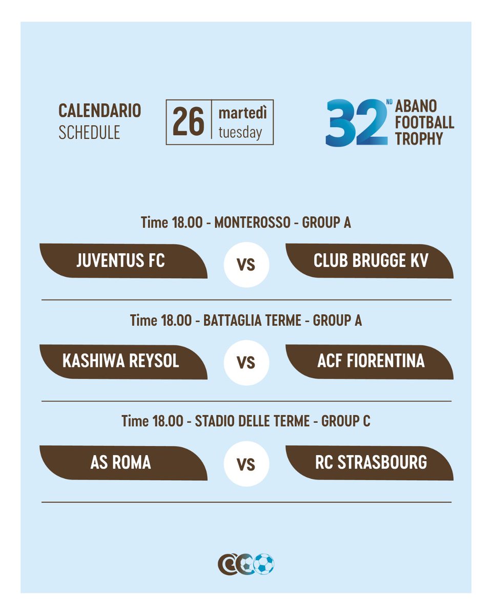 AbanoTrophy's tweet photo. 🇮🇹 Il Torneo entra nel vivo! ⚽ In attesa del match inaugurale, ecco le partite di domani.

🇬🇧 The Abano Football Trophy heats up: tomorrow’s schedule is here!

#TorneodiAbano2026 #AbanoFootballTrophy #AbanoTerme #U14 https://t.co/kV0UD5FKOe