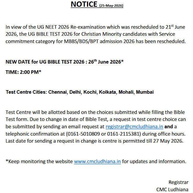 justgetmbbs's tweet photo. CMC Ludhiana has announced the revised date for UG Bible Test.

#NEETUG2026 https://t.co/cW2PiOa3xR