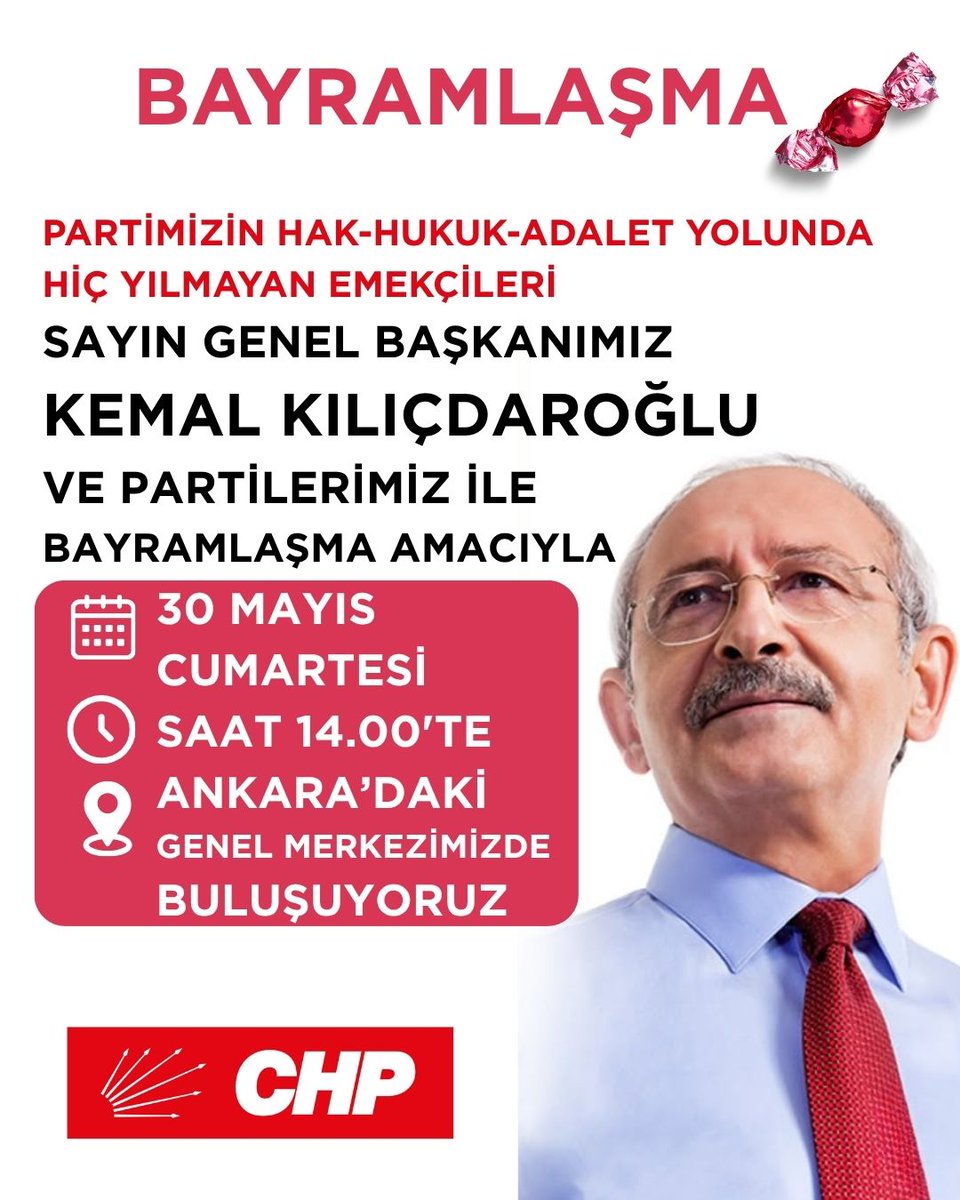 hasanozturkmen's tweet photo. Bayramlar; buluşma, kucaklaşma vakitleridir.
Küslerin barıştığı, dargınlıkların giderildiği günlerdir.
Bu Kurban Bayramında, baba ocağımızda, CHP Genel Merkezinde, Genel Başkanımız Kemal Kılıçdaroğlu ve partili arkadaşlarımız ile bayramlaşacağız.
Tüm partililerimizi bekleriz.

📅30 Mayıs Cumartesi (Bayramın 4. Günü)
🕑Saat: 14.00
📍CHP Genel Merkezi