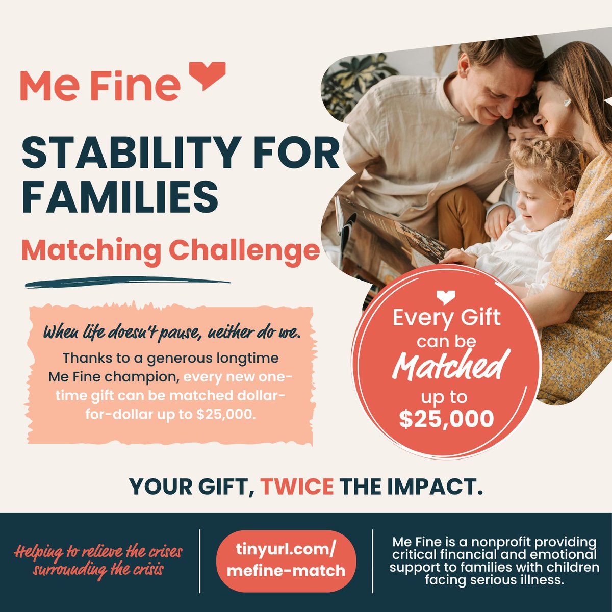 MeFineNC's tweet photo. When a child is hospitalized, everything changes for a family.

Help provide stability during a child’s medical crisis.

Every new one-time gift to Me Fine can be matched through June 30.

https://t.co/orUe8DdIIv
#MeFineFoundation https://t.co/AxwMvhMLJV