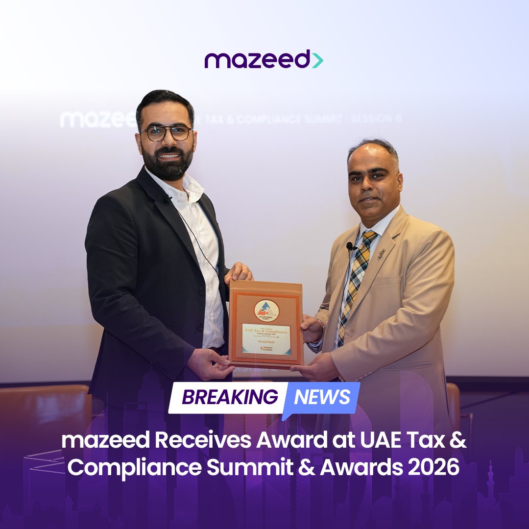 mazeedOfficial's tweet photo. mazeed has been honored at the UAE Tax & Compliance Summit & Awards 2026, one of the region’s leading gatherings for tax and compliance professionals.

This recognition reflects mazeed’s ongoing commitment to supporting UAE businesses in staying compliant with confidence through regulatory expertise and intelligent financial solutions.

We’re also proud of our CEO, Khalid Radi, who represented mazeed at the summit and shared valuable insights on the future of tax compliance and how businesses can navigate evolving regulations with confidence.

mazeed extends its appreciation to its clients, partners, and team for their continued trust and contribution to this achievement. 
Together, we remain committed to simplifying compliance for businesses across the UAE.