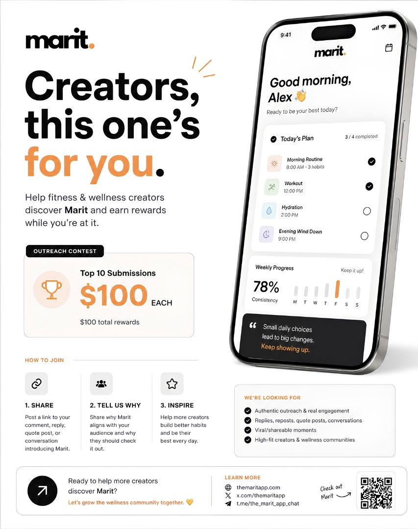 alter0099's tweet photo. Creators in fitness, wellness, and productivity should check this out.

@themaritapp x @adreva_network are running a Creator Outreach Contest with $100 in rewards for helping introduce Marit to aligned communities on X.

Clean app.
Strong branding.
Actually fits the wellness/productivity niche well.
Top 10 submissions win $10 each.