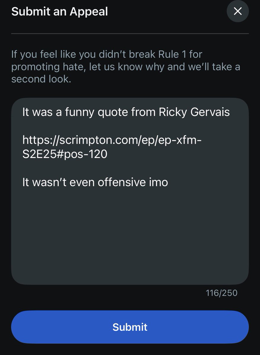 lmrck's tweet photo. Just got banned on Reddit for quoting @rickygervais 

I replied to a Michael Jackson related post (r/TheOfficeUK): “But then you see these laborer's hands come out. That's always the way with a tranny, innit? You know what I mean?” https://t.co/fTHp8Quaas
