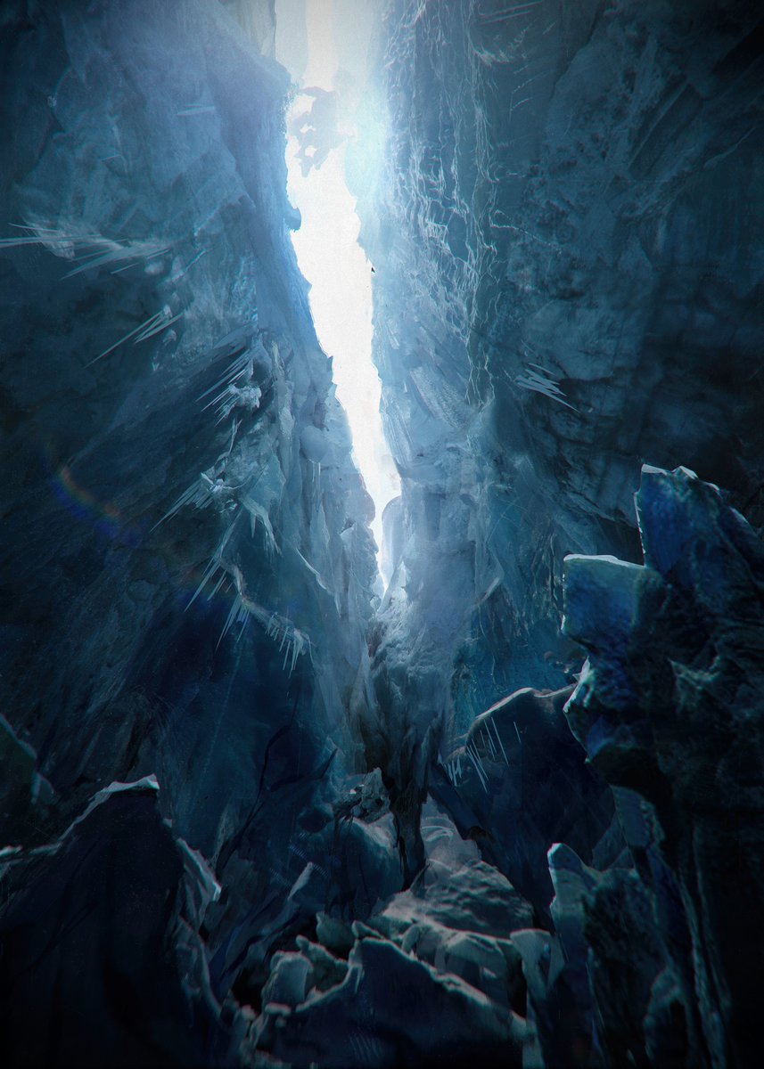 TFiredrake's tweet photo. His friends were dead, their broken bodies frosting over. He would join them soon if he could not get out of this #crevasse. His axe and pack were long gone.

As he searched for some flaw in the ice, a prismatic gleam pinwheeled behind it, opening a narrow corridor.
#vss365 https://t.co/iUnrAegEL8