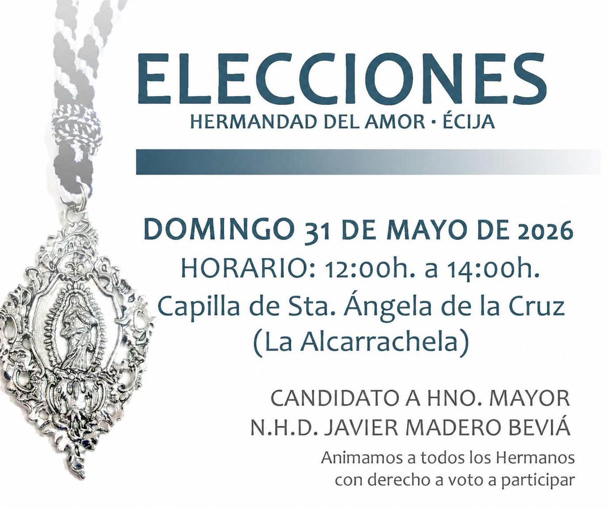 amoryconcepcion's tweet photo. Este próximo domingo nuestra Hermandad celebra Cabildo General de Elecciones, con la candidatura única presidida por N.H.D. Javier Madero Beviá. Animamos a todos los hermanos con derecho a voto a participar en el mismo. 
#ElAmor #ElOlivo #Écija https://t.co/TLPkCcDV3V