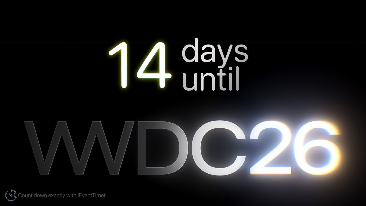 AppleEventTimer's tweet photo. We're two weeks away from seeing iOS 27, macOS 27, watchOS 27, and more!

Apple will unveil them at #WWDC26, which starts 14 days from now.

#AppleEvent #WWDC https://t.co/kBXCQeKuof