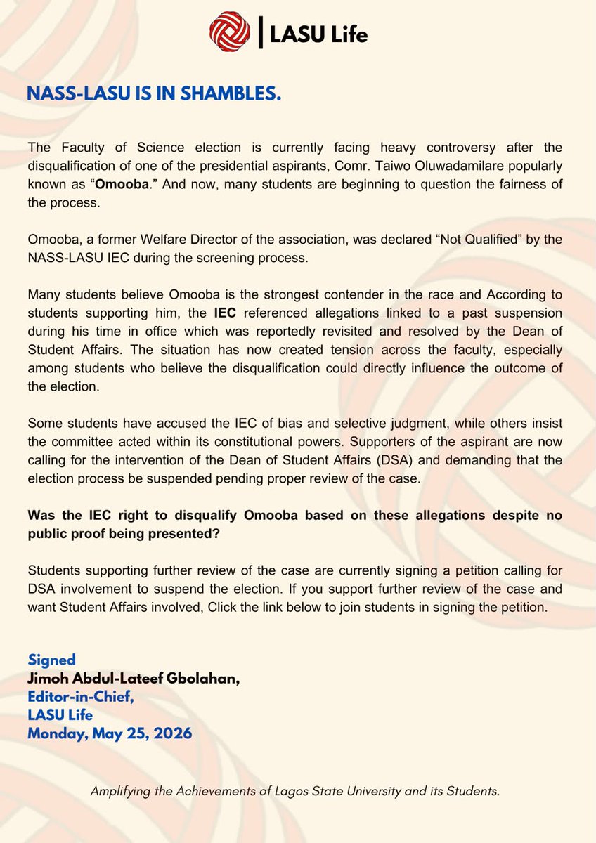 namssnlasu24's tweet photo. Support a further review of OMOOBA’s case and get the Student Affairs involved. Push the petition by sharing it across platforms so more students can participate and add their signatures.

> Sign it here: https://t.co/vpN9mLC81d

Keep signing and sharing far &amp; wide! https://t.co/FLjQTxeyVA