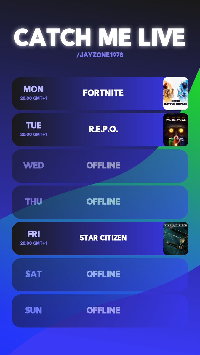 Jayzone1978's tweet photo. Schedule up, bit later than planned as yesterday ran away from me.

We're playing Fortnite tonight and even if the game isn't sweaty the weather is. https://t.co/uF7AFwUJEu