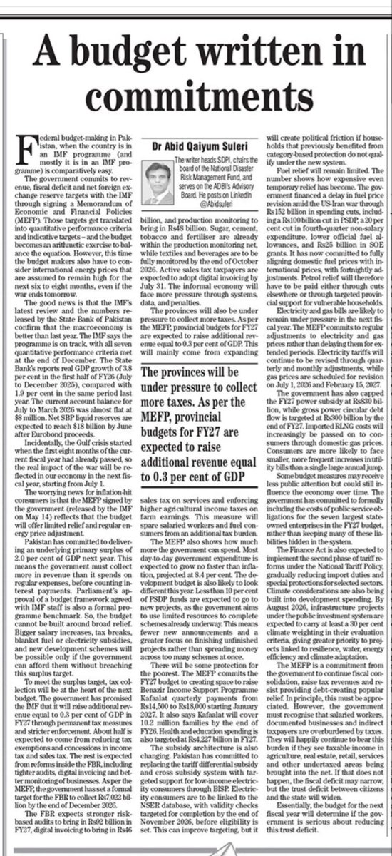 Abidsuleri's tweet photo. The IMF’s latest review and the numbers released by @StateBank_Pak confirm that the macroeconomy is better than last year. The govt has committed with  IMF to continue fiscal consolidation, raise tax revenues and resist providing debt-creating popular relief. In principle, this must be appreciated. However, the govt must recognise that salaried workers, documented businesses & indirect taxpayers are overburdened by taxes. They will happily continue to bear this burden if they see taxable income in agriculture, real estate, retail, services and other undertaxed areas being brought into the net. If that does not happen, the fiscal deficit may narrow, but the trust deficit between citizens and the state will widen.
Essentially, the budget for the next fiscal year will determine if the government is serious about reducing this trust deficit.
What else will be in the budget?. I have tried to decode the Memorandum of Economic & Financial Policies (MEFP) submitted by GOP to the IMF for @thenews_intl today.

https://t.co/09XJlp3iau

#Pakistan #Economy #EnergyPrices #IMF