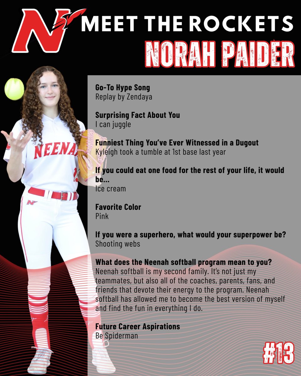 NeenahRocketsSB's tweet photo. Next up in our Meet the Rockets series… #13… Junior Norah Paider! ♥️🚀🥎 https://t.co/JnZ4eA57hO