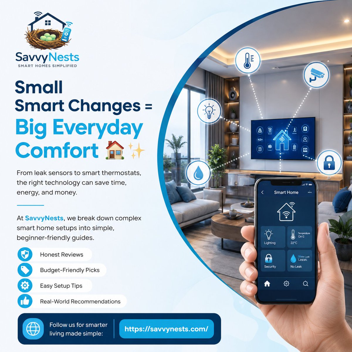 SavvyNests's tweet photo. Small Smart Changes = Big Everyday Comfort 🏠✨
At SavvyNests, we break down complex smart home setups into simple, beginner-friendly guides.
✔ Honest Reviews
✔ Budget-Friendly Picks
✔ Easy Setup Tips
Follow us: https://t.co/hAZh5ksjPq
#SmartHomeTips #HomeTech https://t.co/7bAlnoCMYQ
