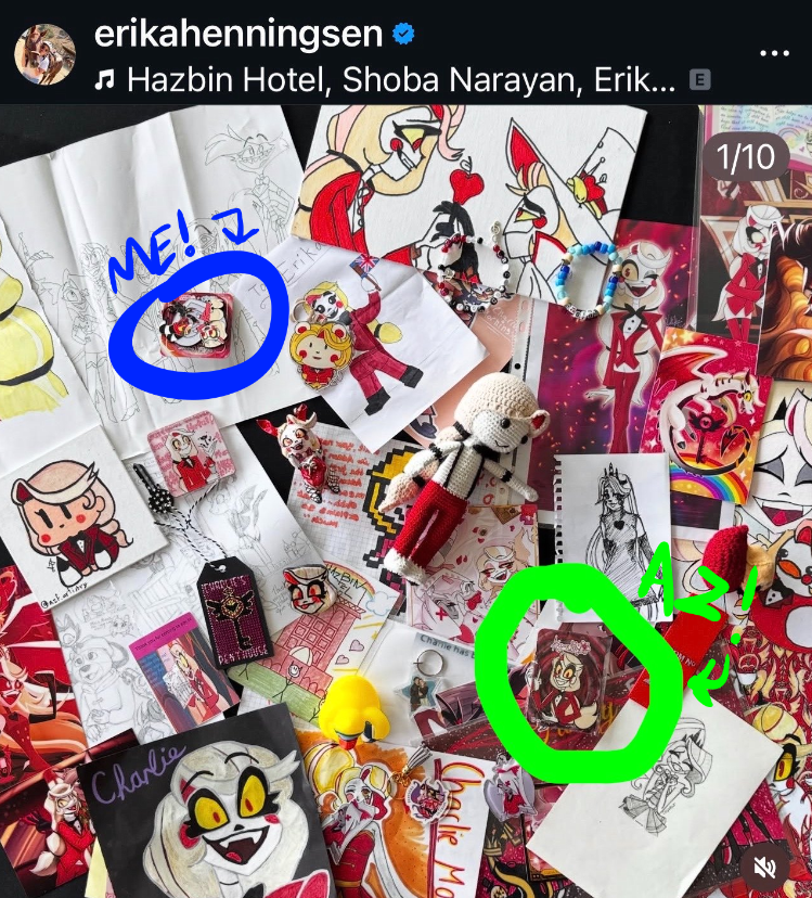 SpookyObak's tweet photo. It was so cool seeing Azure and i's work on erika's instagram, she loved them and was so sweet, shes just like the character she voices
she immediately recognized my pin as the hellaverse crossover and said she'd never seen anyone do something like this before 😭😭 https://t.co/pIgBXNn02L