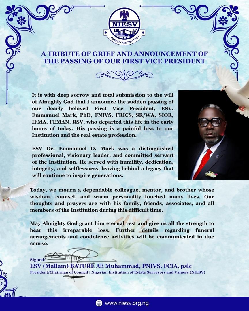 NiesvNational's tweet photo. WITH HEARTS FULL OF GRIEF: ANNOUNCING THE PASSING OF OUR FIRST VICE PRESIDENT
A rare gem of humility, wisdom &amp; selfless service to NIESV. Our prayers are with his family. Funeral details to follow.

ESV Ayodele Olamoju, FNIVS
National Publicity Secretary. https://t.co/9YlcCLXJMF