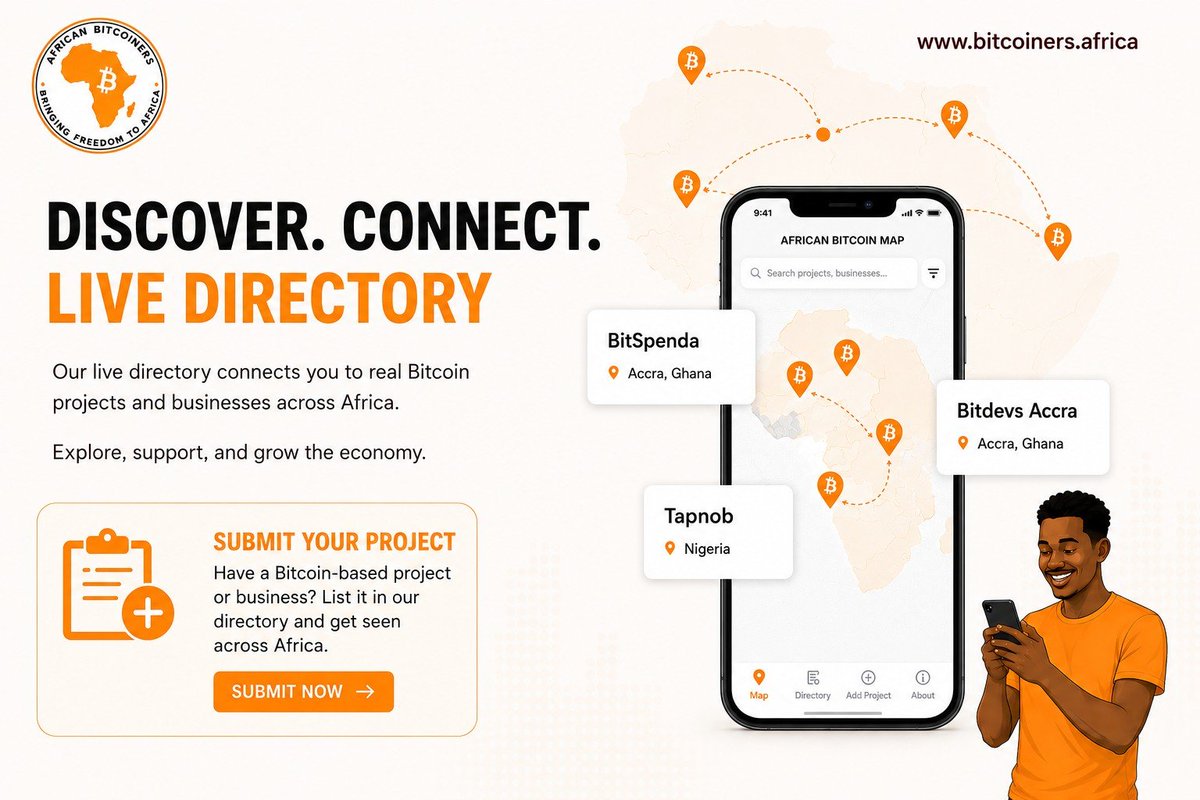 afribitcoiners's tweet photo. A new Bitcoin merchant just appeared in your country!👀

That’s what makes Africa’s Bitcoin map so exciting right now, projects, communities, and merchants are popping up in more places every month.

We launched our Live Directory to help people find where Bitcoin is being used, who’s building, and how to get involved.

For beginners, it’s a simple way to see that Bitcoin adoption in Africa is already happening, not someday, but now.

Submit a new project to be added here: https://t.co/buthtplR03

#BitcoinAfrica #LearnBitcoin #SelfCustody #BitcoinAdoption #AfricanBitcoiners