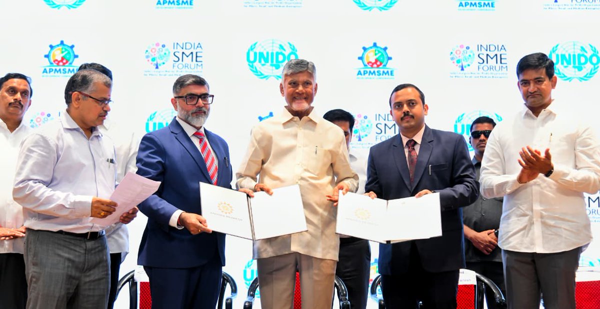 ncbn's tweet photo. We have partnered with India SME Forum to strengthen Andhra Pradesh's MSME ecosystem through a structured cluster development approach based on the UNIDO Cluster Development Methodology. This collaboration will help improve competitiveness, foster collaboration among enterprises, enhance market access, and support the sustainable growth of MSME clusters across the State. Delighted to be joined on this occasion by Mr. Vinod Kumar, President, India SME Forum. @SMEForumIndia @vkwuthoo 
#MSMEwaveInAP