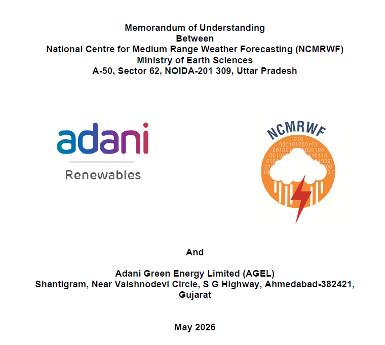 ncmrwfmoes's tweet photo. NCMRWF signed MOU with Adani Green Energy Limited(AGEL) for data exchange and collaborative work to improve NWP forecasting for Renewable Energy and also capacity building. https://t.co/DdDmWI6CGk
