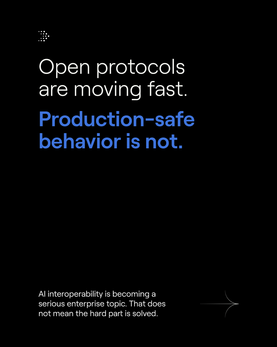 Syntaxia_'s tweet photo. Open protocols are becoming a bigger part of the enterprise AI stack.

What they solve: interoperability.
What they do not settle: the production layer above it, including identity, recovery, observability, and safe execution.

A lot of the current conversation is treating those as the same threshold. They are not.
That is one of the more important distinctions in enterprise AI right now.