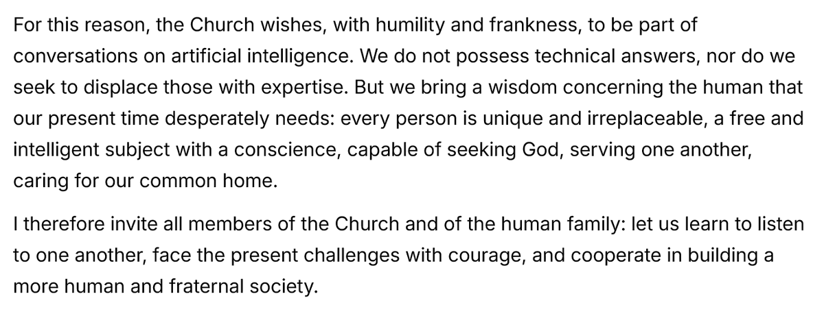 DCCathCon's tweet photo. Pope Leo: "Today we find ourselves facing a transformation of similar magnitude [as the industrial revolution], with perhaps even greater consequences. Artificial intelligence already touches many areas of our lives and affects decisions that shape human  coexistence." https://t.co/HvzSfmsjKm