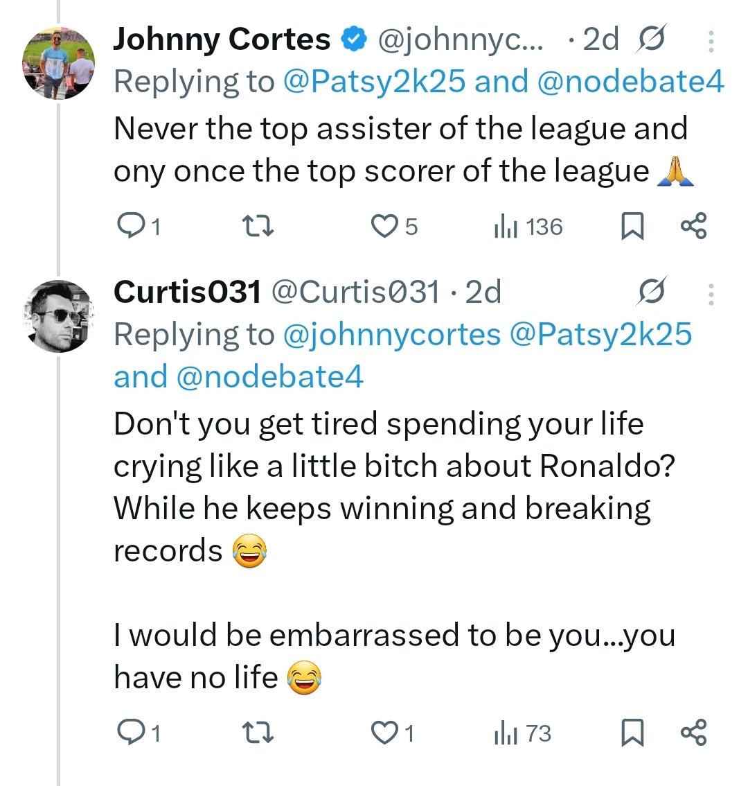 Curtis031's tweet photo. @johnnycortes The only mention of Ronaldo is of you crying about him 24/7 for years.

Not talking about Ronaldo in regards of futebol*... I didn't know you were this stupid. 🤣🤣🤣

I'm just replying back! Can't you explain how you replying back is different? Explain it you short fuck! 😂 https://t.co/yyHbCbbjDL