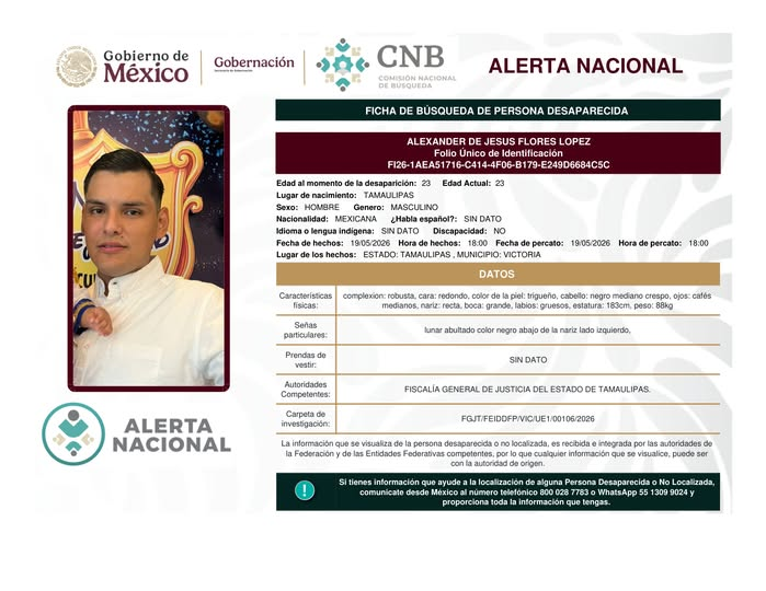COBUPEM's tweet photo. Alerta Nacional de Búsqueda | Si cuentas con información que contribuya a la localización de ALEXANDER DE JESUS FLORES LOPEZ, comunícate al 800 028 7783 o vía WhatsApp al 55 1309 9027. Tu información puede ser clave. #AlertaNacional #TodosEnLaBúsqueda https://t.co/W9MpOhCZCd