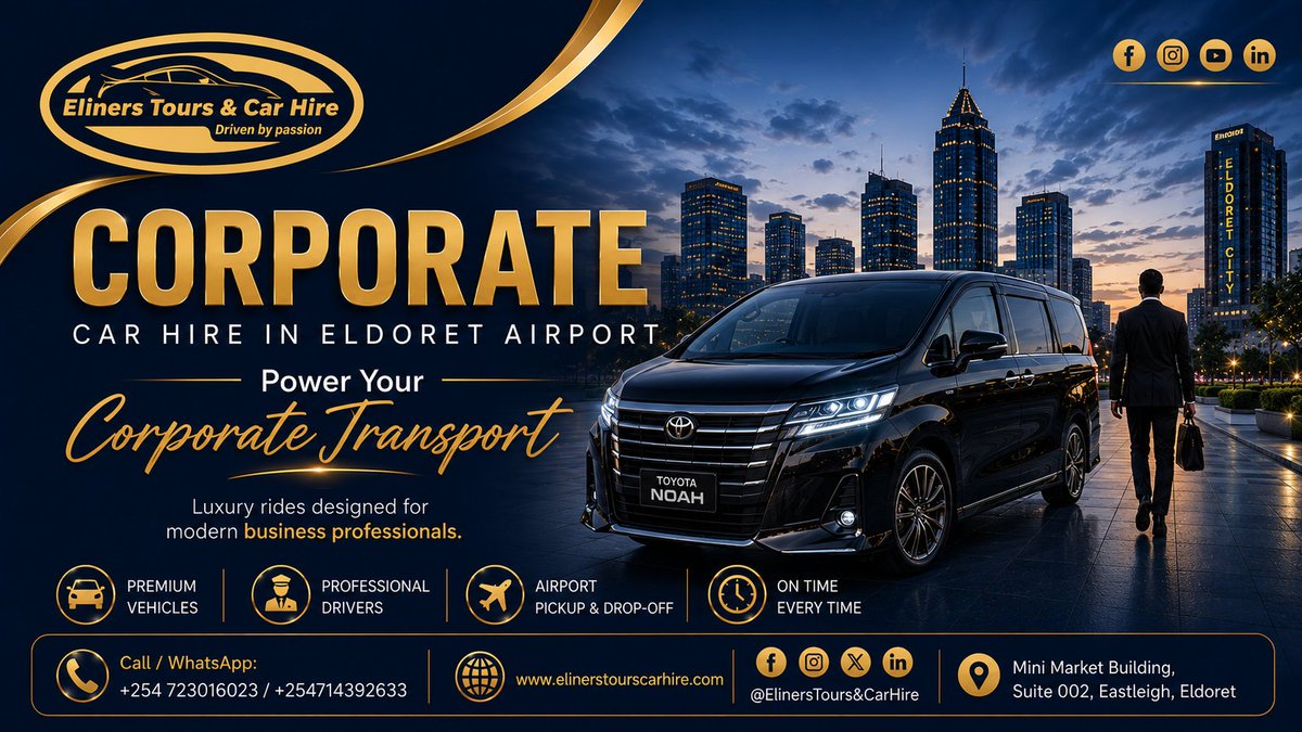 ElinersTours's tweet photo. Corporate car hire in Eldoret Airport for business travel, executive transfers, and VIP pickup. Clean cars, professional drivers, and reliable airport service for meetings, conferences, &amp; hotel transfers.
Book your ride today. 
#EldoretAirport #CorporateCarHire #AirportTransfers https://t.co/UmpJzG3hpS